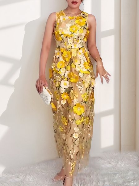 

Elegant Floral Embroidery Maxi Dress, Yellow, Maxi Dresses