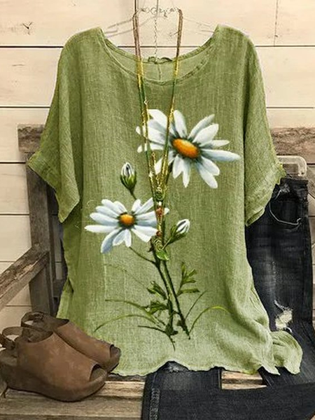 

Vintage Floral Crew Neck Three Quarter Sleeve T-shirt, Aqua, T-shirts