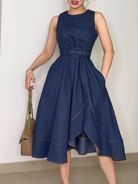 

Urban Plain Midi Denim Dress With Belt, Blue, Midi Dresses