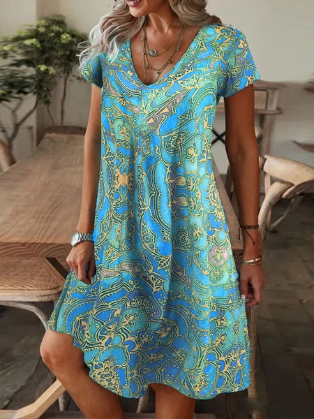 Women Abstract Graphic V Neck Short Sleeve Comfy Casual Maxi Dress, As picture, Dresses
