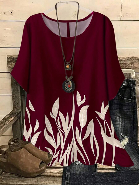 

Vintage Plants Crew Neck Three Quarter Sleeve T-shirt, Wine red, T-shirts