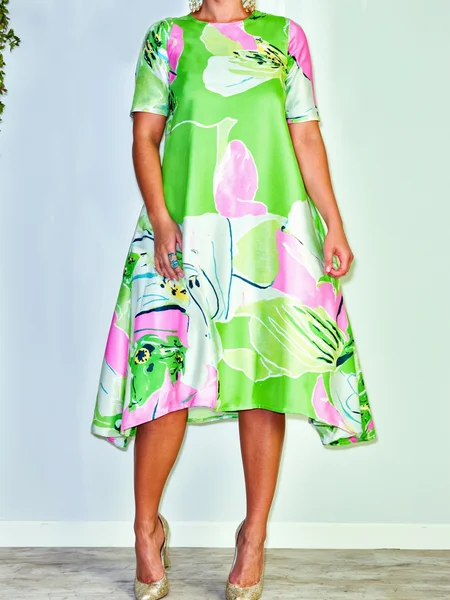 

Urban Floral Printing Crew Neck Knee Length Dress, Green, Midi Dresses