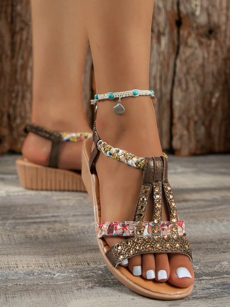 

Boho Floral Breathable Slip On Block Heel Wedge Sandals Printing, Brown, Sandals