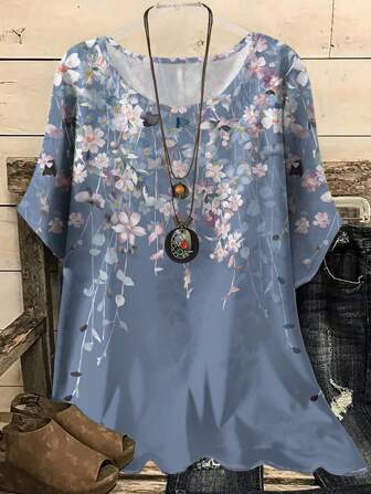

Vintage Floral Crew Neck Three Quarter Sleeve T-shirt, As picture, T-shirts