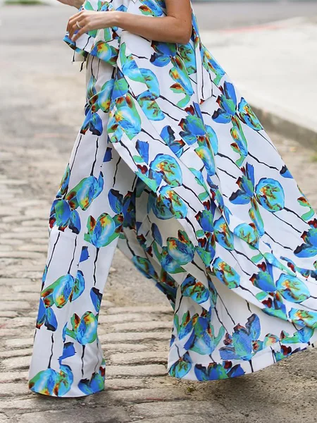 

Vacation Floral Printing Wide Leg Pants, Blue, Pants