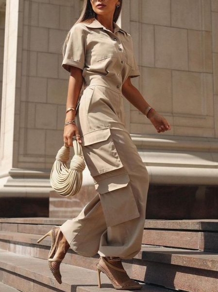 

Casual Pockets Plain Shawl Collar Shirt Jumpsuit, Khaki, Jumpsuits