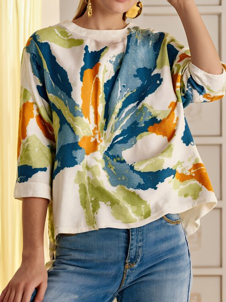 

Casual Floral Printing Crew Neck Blouse, As picture, Blouses and Shirts