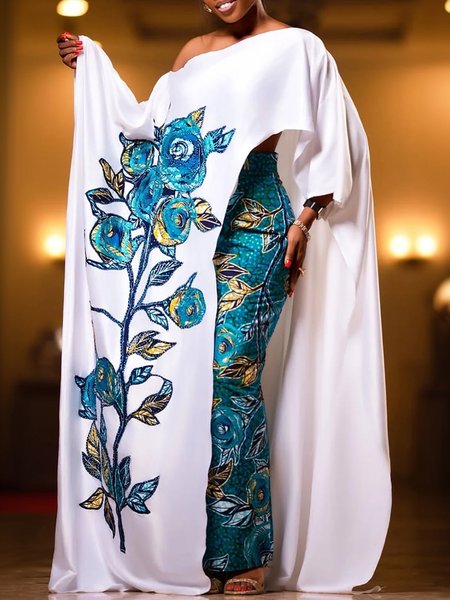 

Satin Urban Floral Printing Crew Neck Raglan Sleeves Blouse, Blue, Blouses and Shirts