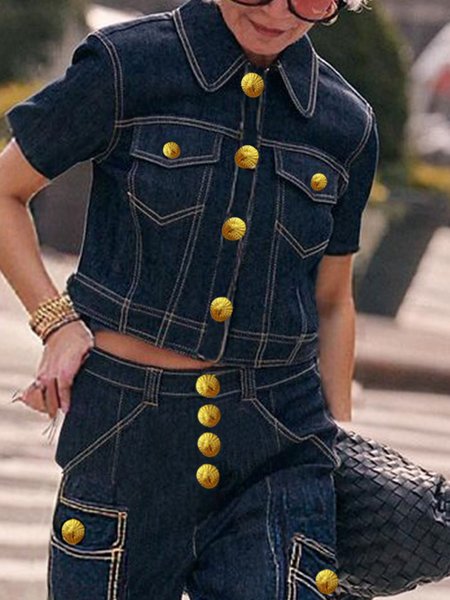 

Casual Buttoned Plain Shirt Collar Denim Jacket, Denim blue, Jackets