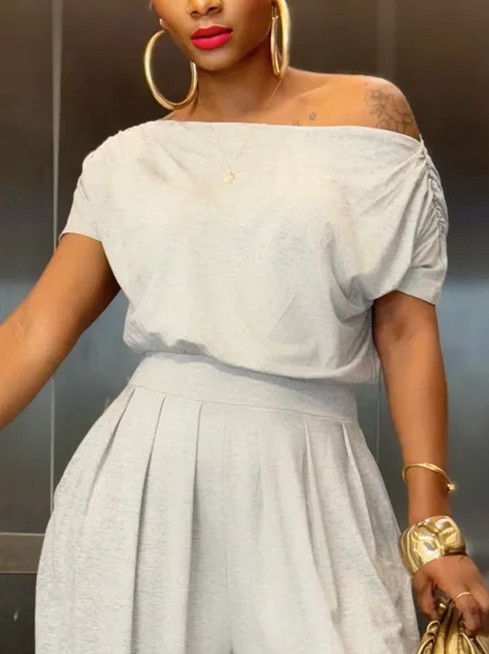 

Cotton Casual Plain Gathered One Shoulder T-shirt, As picture, Tees
