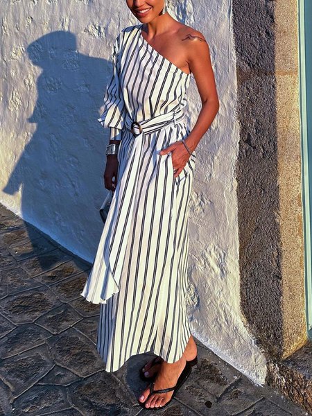 

Casual Striped One Shoulder Sleeve Side-Slit One Shoulder Maxi Dress With Belt, White, Maxi Dresses