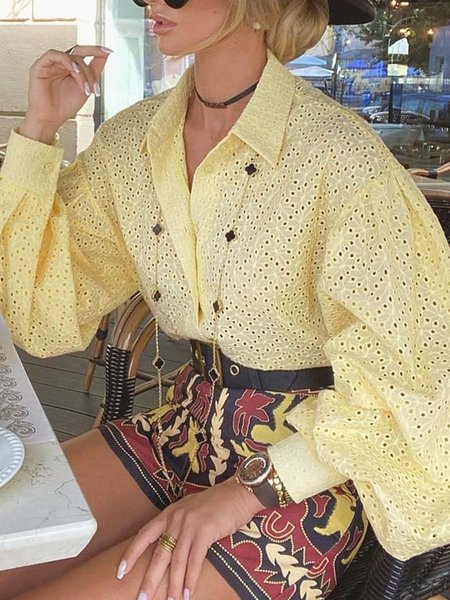 

Cotton Urban Plain Eyelet Shirt Collar Balloon Sleeve Shirt, Yellow, Blouses and Shirts