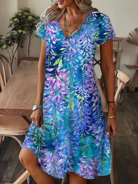 

Women Floral V Neck Short Sleeve Comfy Casual Maxi Dress, As picture, Dresses