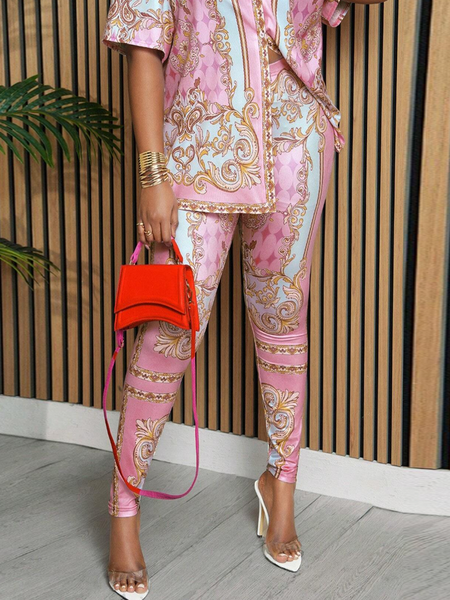 

Casual Geometric Slim Fit Pants Leggings, Pink, Pants