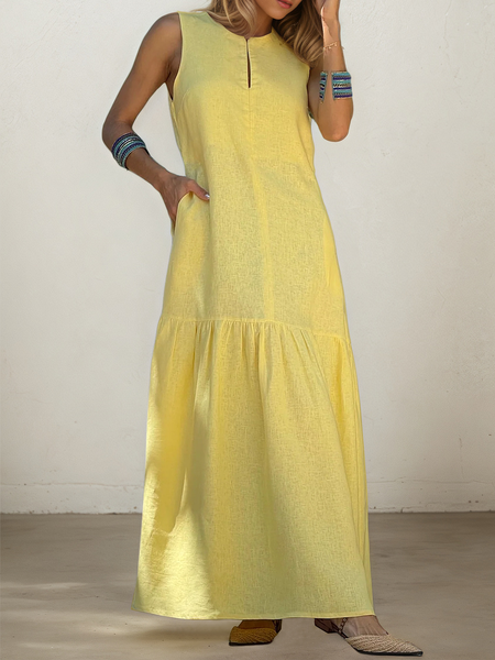 

Vacation Plain Crew Neck linen-cotton Maxi Dress, Yellow, Maxi Dresses