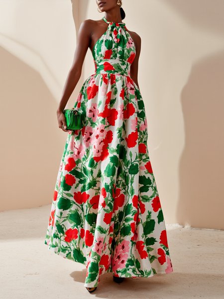 

Urban Floral Printing Halter Maxi Dress, As picture, Maxi Dresses