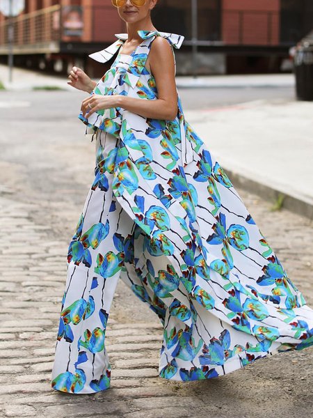 

Vacation Floral Printing Spaghetti Blouse, Blue, Blouses and Shirts