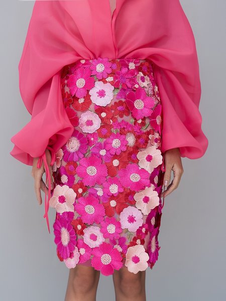 

Elegant Embroidery Floral Knee Length Skirt, Rose red, Skirts