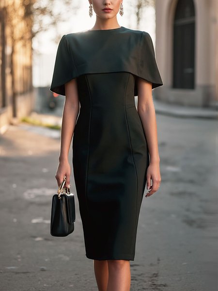 

Elegant Plain Crew Neck Knee Length Dress, Black, Midi Dresses