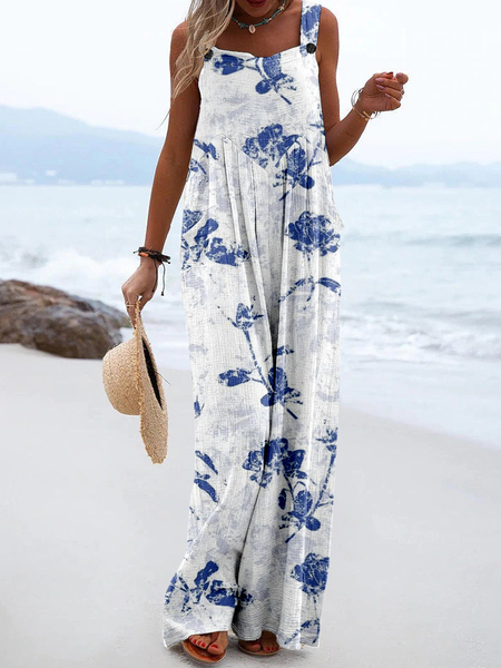 

Loose Linen Blend Vintage Jumpsuit, White, Maxi Dresses