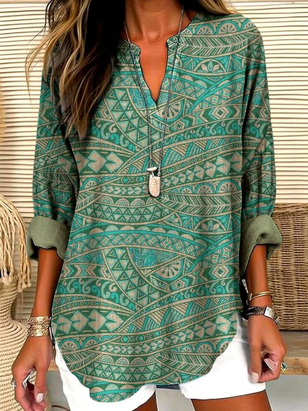 

V Neck Long Sleeve Geometric Regular Micro-Elasticity Regular Fit Shirt For Women, Green, Shirts