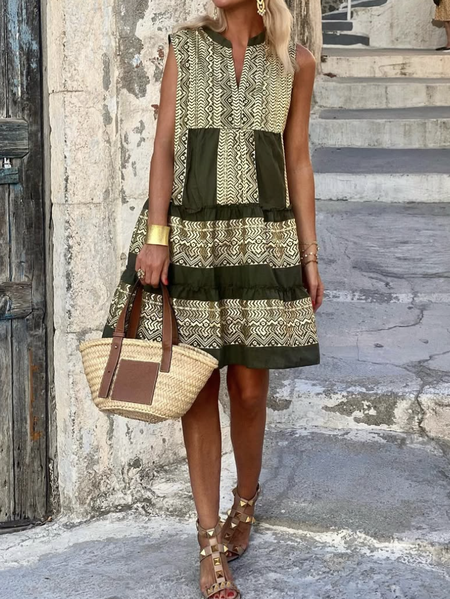 

Women Geometric V Neck Sleeveless Comfy Casual Midi Dress, Green, Midi