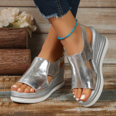 

Large size hollow fish mouth gold/silver wedge heel sandals for women 2025 new platform thick bottom bright color shiny buckle sandals, Sandals