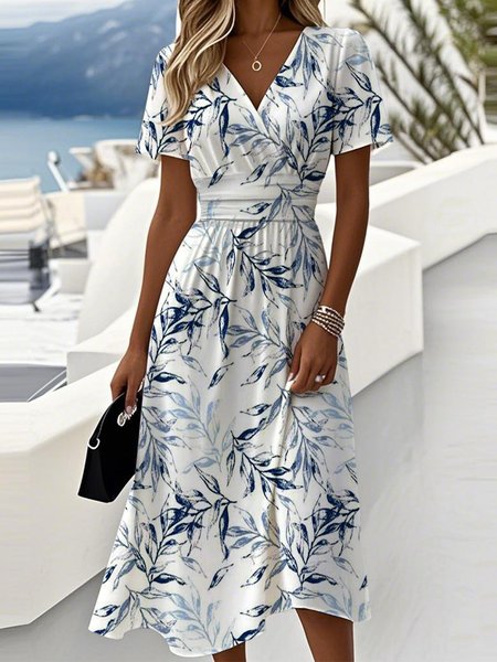 

Leaf Regular Fit V Neck Casual Dress With No, Blue, Dresses