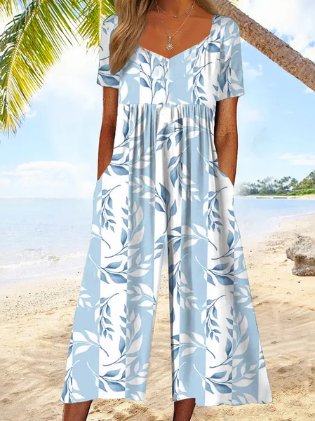 

Women Floral V Neck Half Sleeve Casual Summer Jumpsuit, Blue, Jumpsuits＆Rompers