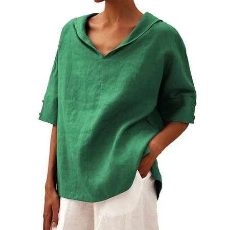 

Women's Half Sleeve Blouse Summer White Plain Linen V Neck Daily Going Out Casual Top, Green, Blouses & Shirts