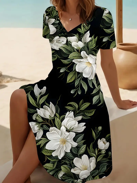 

Women Floral V Neck Short Sleeve Comfy Casual Midi Dress, Green, Dresses