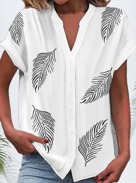 

Women Feather Short Sleeve Shirt Summer Buckle V Neck Daily Casual Top, White, Shirts