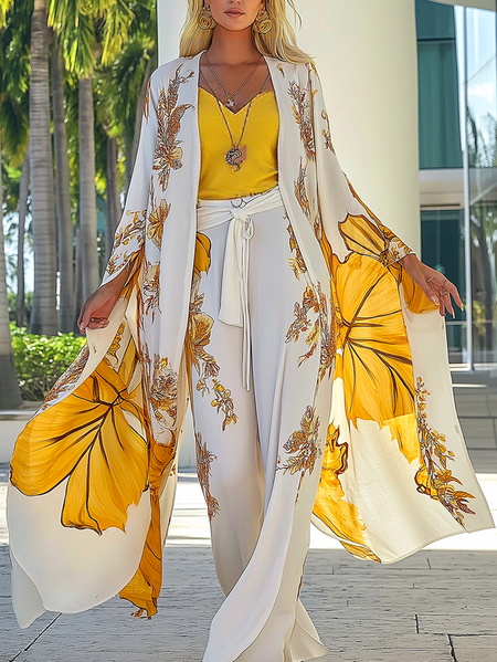 

Plus Size Vacation Split Sleeve Printing Floral Kimono, Yellow, Plus Outerwear