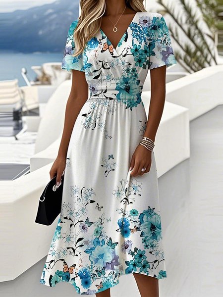 

Casual Gradient Pattern Regular Fit V Neck Dress With No, Blue, Maxi Dresses