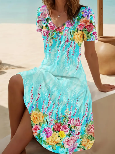 

Women Floral V Neck Short Sleeve Comfy Casual Midi Dress, As picture, Dresses