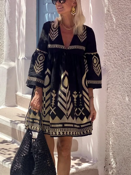 

Women Geometric V Neck Half Sleeve Comfy Casual Midi Dress, Black, Midi