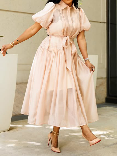 

Elegant Plain Puff Sleeve Ruched Shirt Collar Midi Dress With Belt, Pink, Midi Dresses