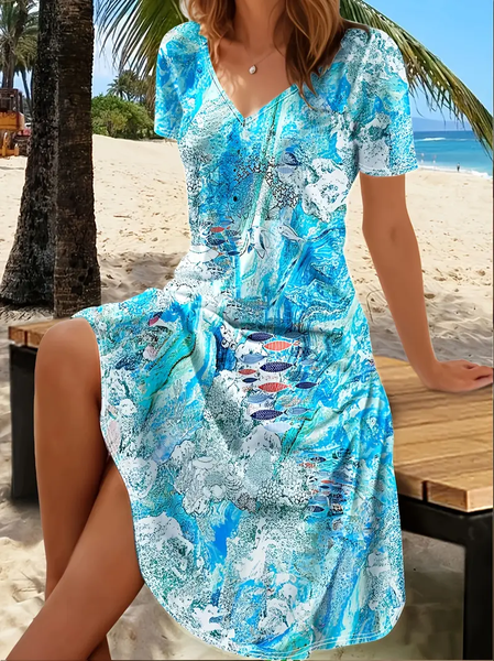 Women Marine Life V Neck Short Sleeve Comfy Casual Midi Dress, As picture, Dresses