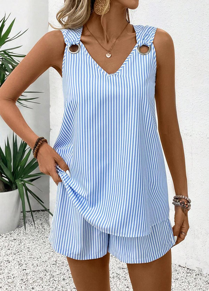 

Women Striped Two-Piece Set Daily Sleeveless Casual Summer Short Sets Matching Set, Blue, Sets