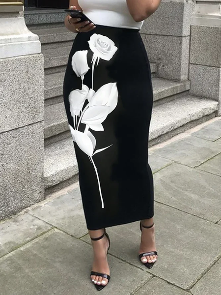 

Plus Size Casual Tight Floral Skirt, Black, Plus Skirts