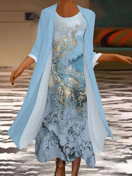 

Women Abstract Printing Two-Piece Set Daily Three Quarter Sleeve Casual Spring/Fall Dress With Coat Matching Set, Blue, Suit Set