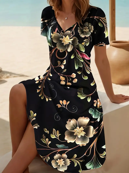 

Women Floral V Neck Short Sleeve Comfy Casual Midi Dress, As picture, Dresses
