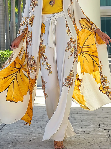 

Plus Size Vacation Floral Printing Fashion Pants Belt, Yellow, Plus Pants