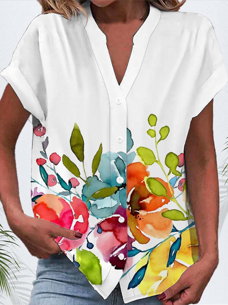 

Women's Short Sleeve Shirt Summer White Floral Buckle V Neck Daily Going Out Casual Top, Blouses & Shirts