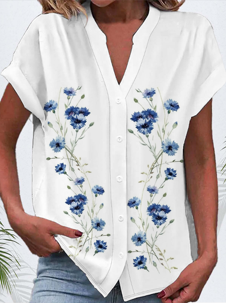 

Women Floral Short Sleeve Shirt Summer Buckle V Neck Daily Casual Top, White, Shirts