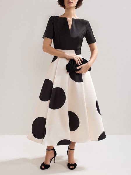 

Elegant Polka Dots Printing V Neck Midi Dress, Black-white, Midi Dresses