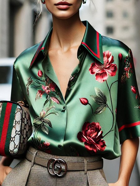 

Satin Urban Floral Buttoned Shirt, Green, Blouses and Shirts