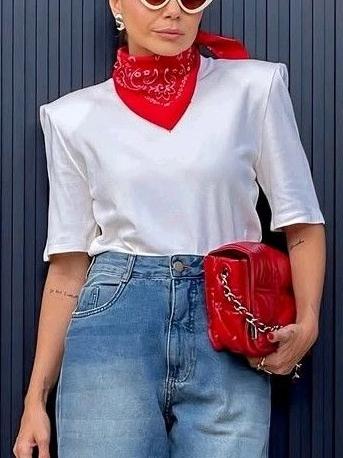 

Casual Plain Shoulder Pad Crew Neck T-shirt, White, Tees