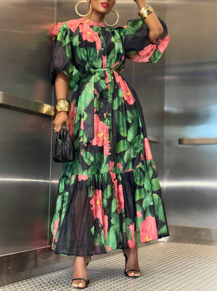 

Vacation Floral Puff Sleeve Printing Maxi Dress With Belt, As picture, Maxi Dresses