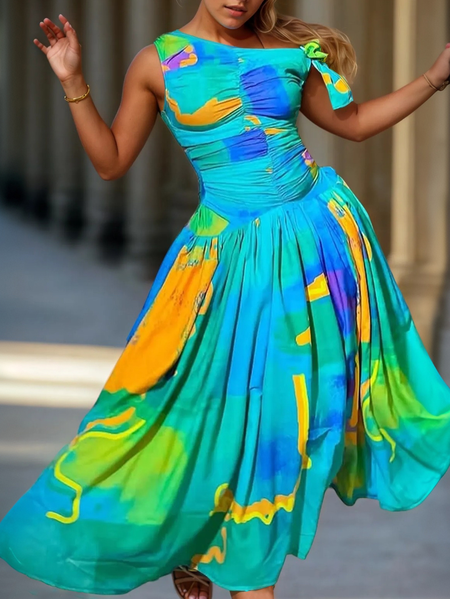 

Vacation Color Block Printing Asymmetrical Maxi Dress, Blue, Midi Dresses
